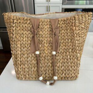 Natural Woven Straw Tote with Pearl-Accent Ties